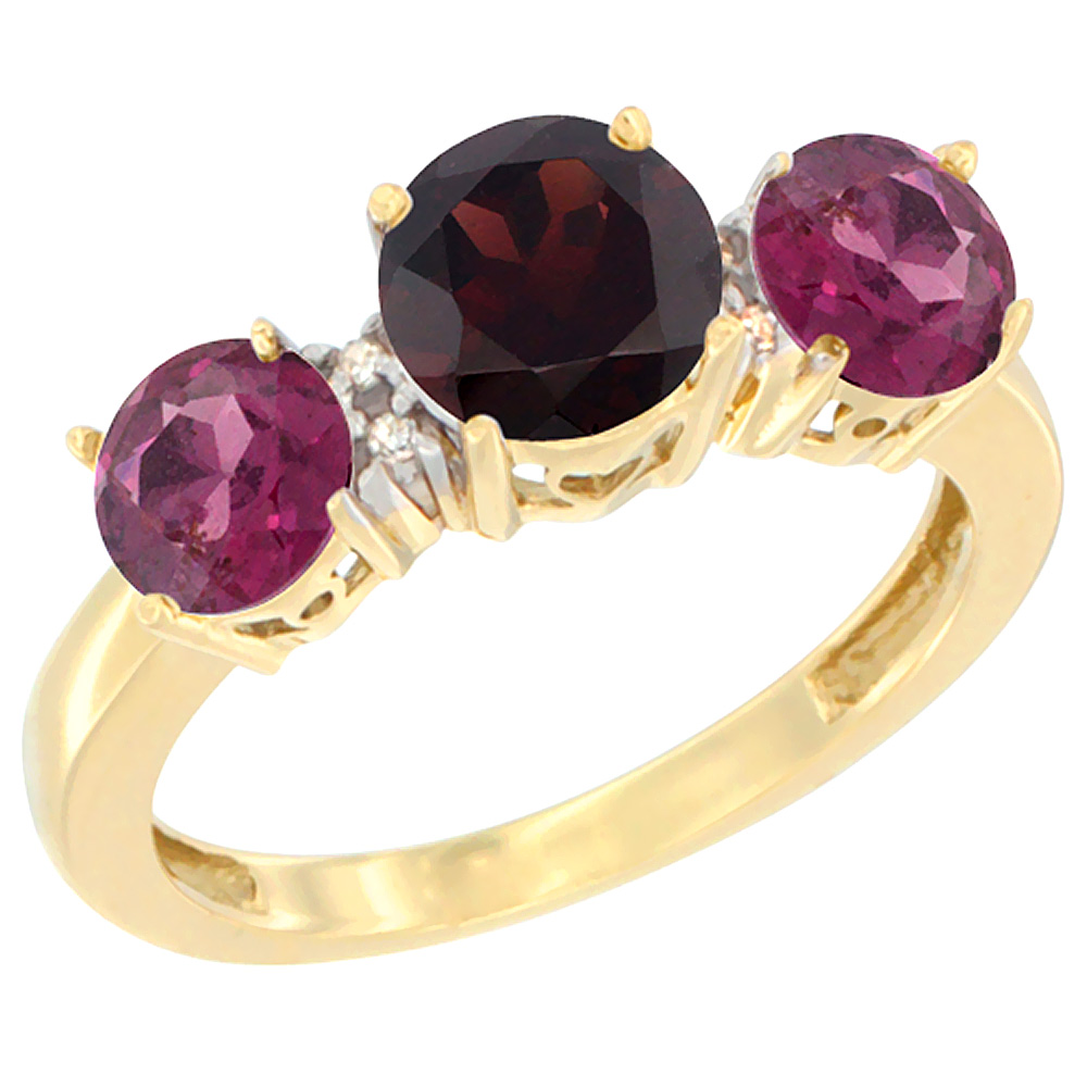 10K Yellow Gold Round 3-Stone Natural Garnet Ring & Rhodolite Sides Diamond Accent, sizes 5 - 10