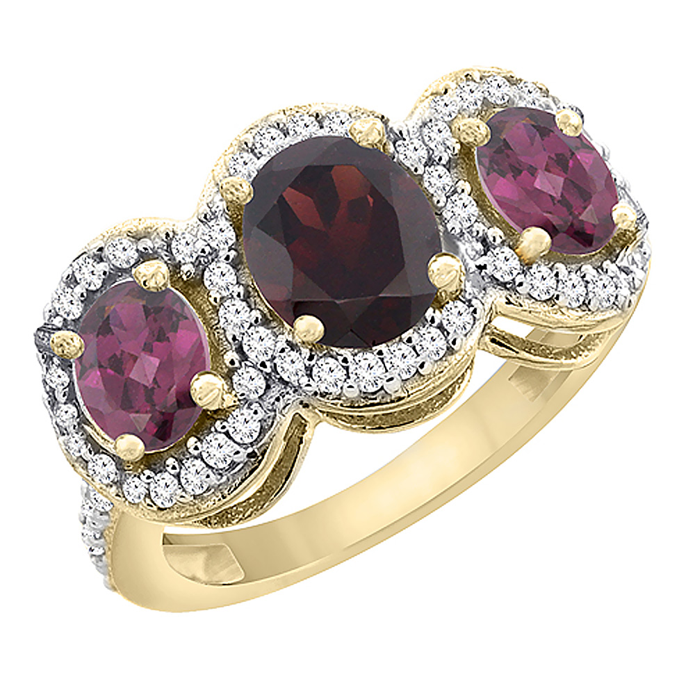 14K Yellow Gold Natural Garnet & Rhodolite 3-Stone Ring Oval Diamond Accent, sizes 5 - 10