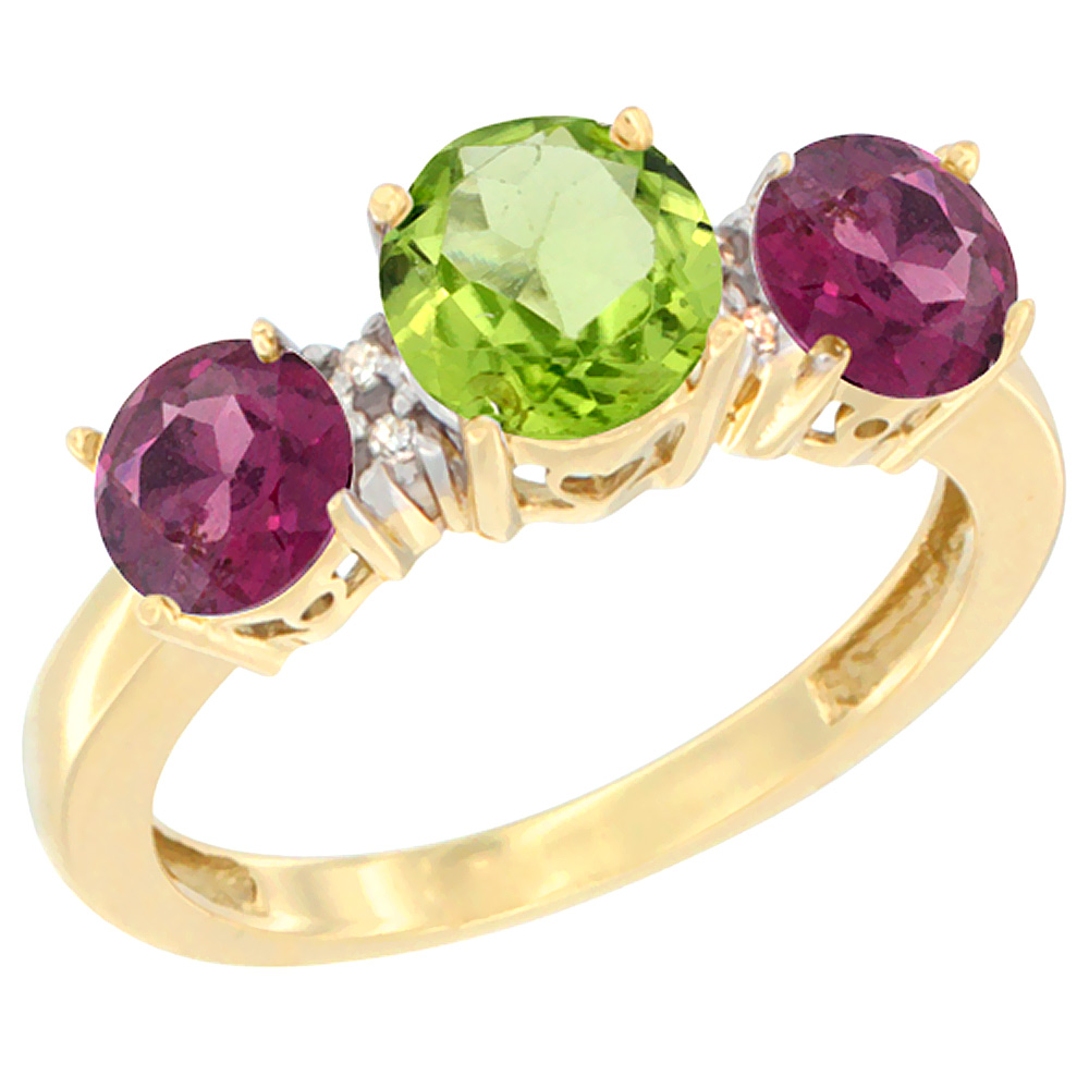 14K Yellow Gold Round 3-Stone Natural Peridot Ring & Rhodolite Sides Diamond Accent, sizes 5 - 10