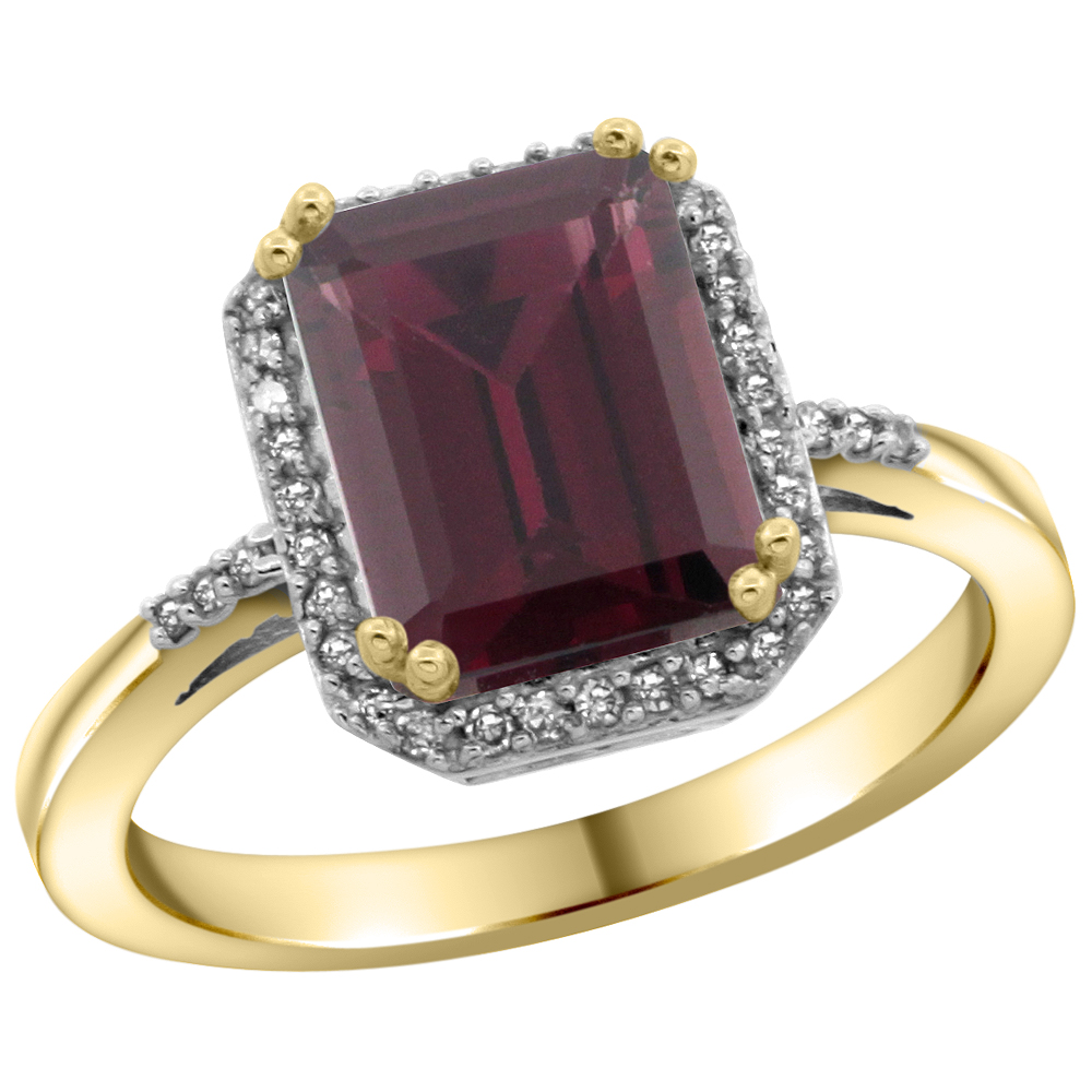 14K Yellow Gold Diamond Natural Rhodolite Ring Emerald-cut 9x7mm, sizes 5-10