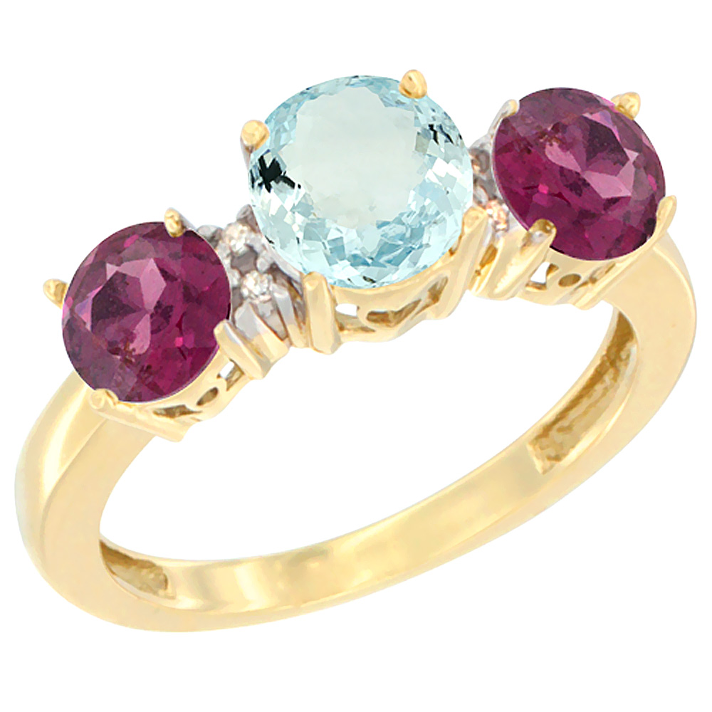 10K Yellow Gold Round 3-Stone Natural Aquamarine Ring & Rhodolite Sides Diamond Accent, sizes 5 - 10