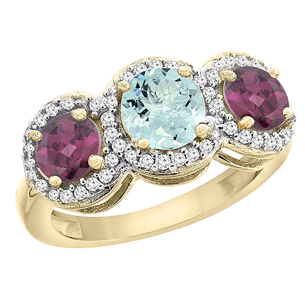 10K Yellow Gold Natural Aquamarine & Rhodolite Sides Round 3-stone Ring Diamond Accents, sizes 5 - 10