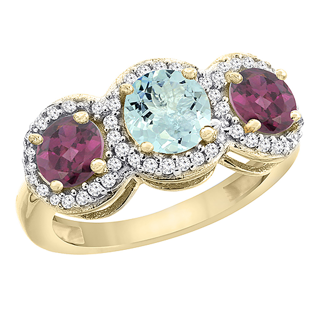 14K Yellow Gold Natural Aquamarine &amp; Rhodolite Sides Round 3-stone Ring Diamond Accents, sizes 5 - 10