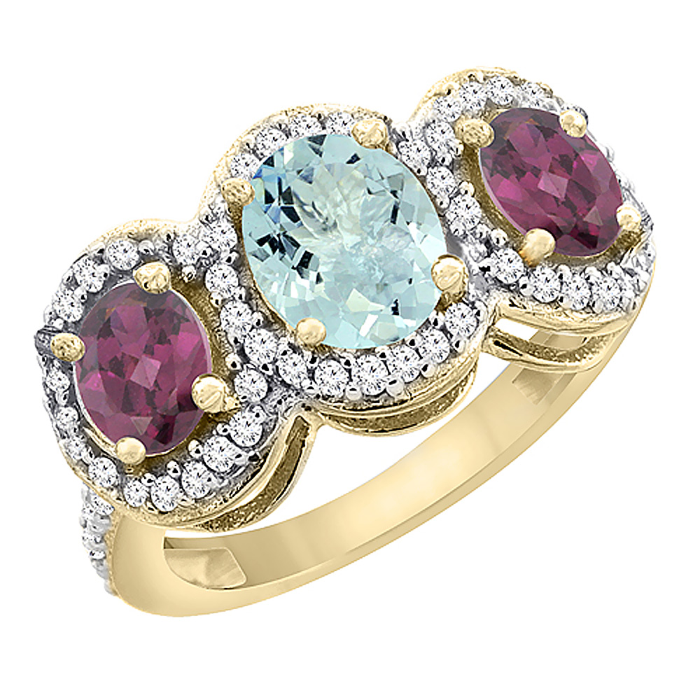 14K Yellow Gold Natural Aquamarine & Rhodolite 3-Stone Ring Oval Diamond Accent, sizes 5 - 10