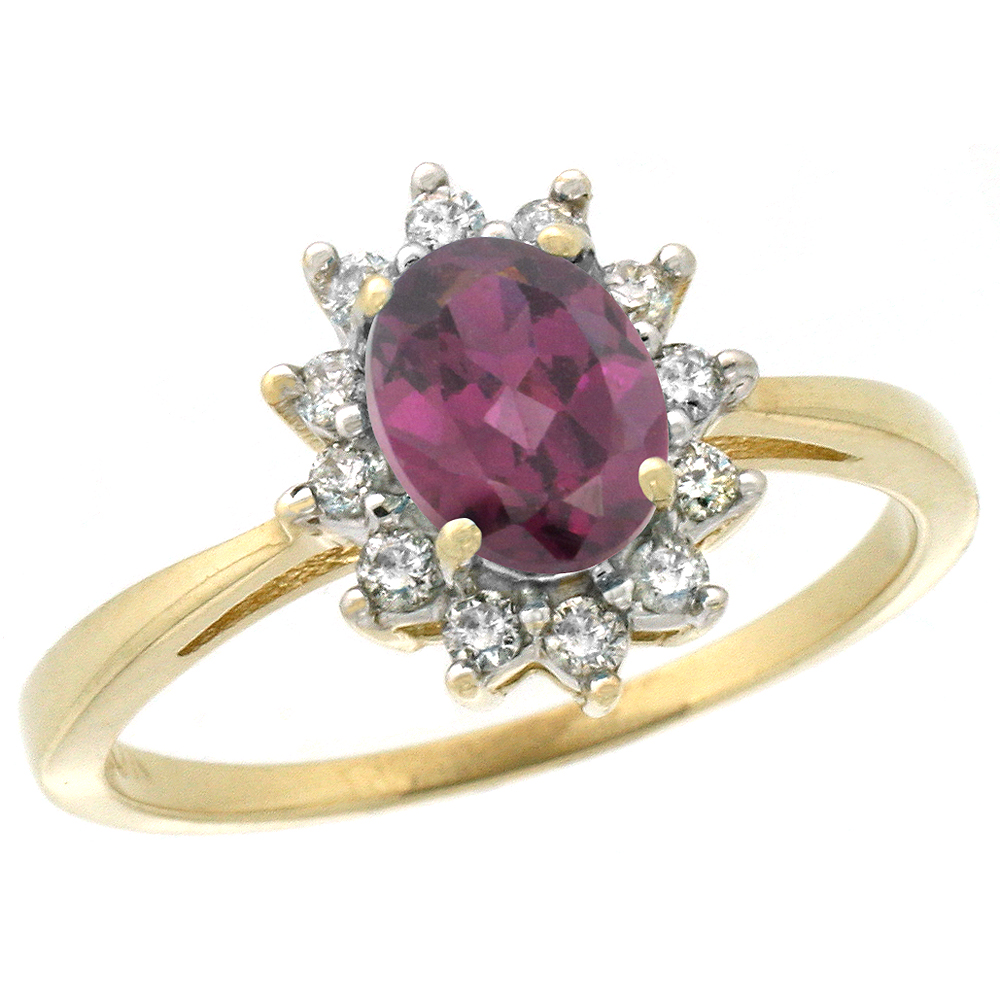 14K Yellow Gold Natural Rhodolite Engagement Ring Oval 7x5mm Diamond Halo, sizes 5-10
