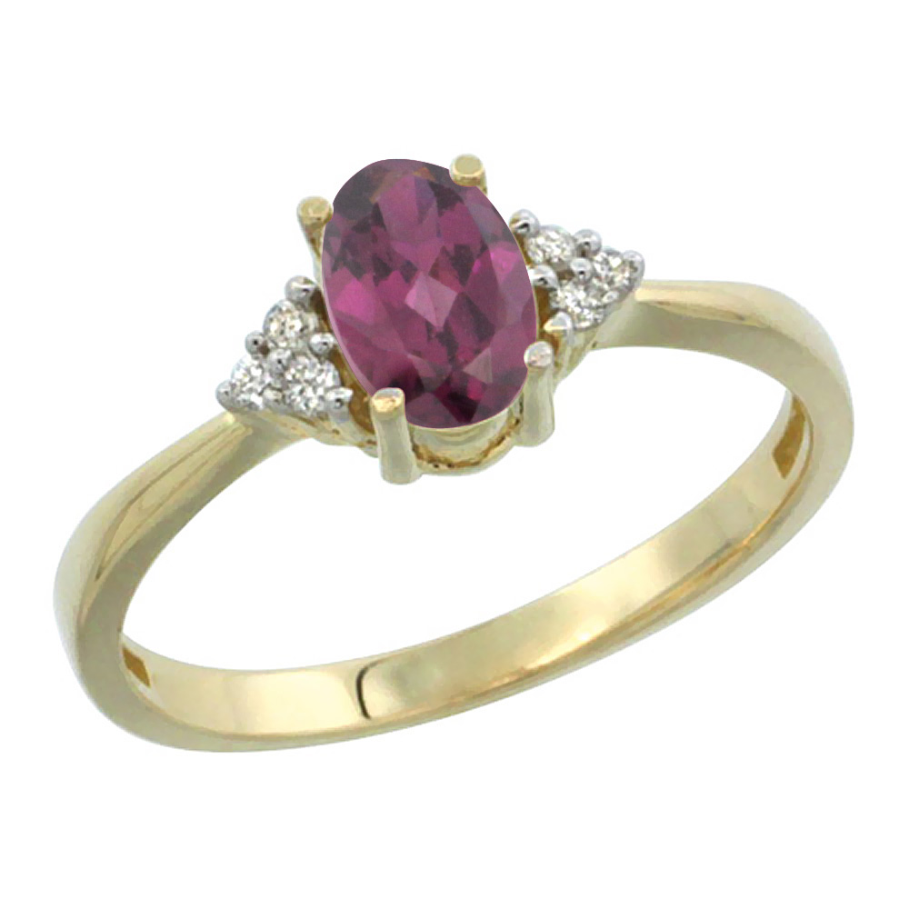 10K Yellow Gold Diamond Natural Rhodolite Engagement Ring Oval 7x5mm, sizes 5-10