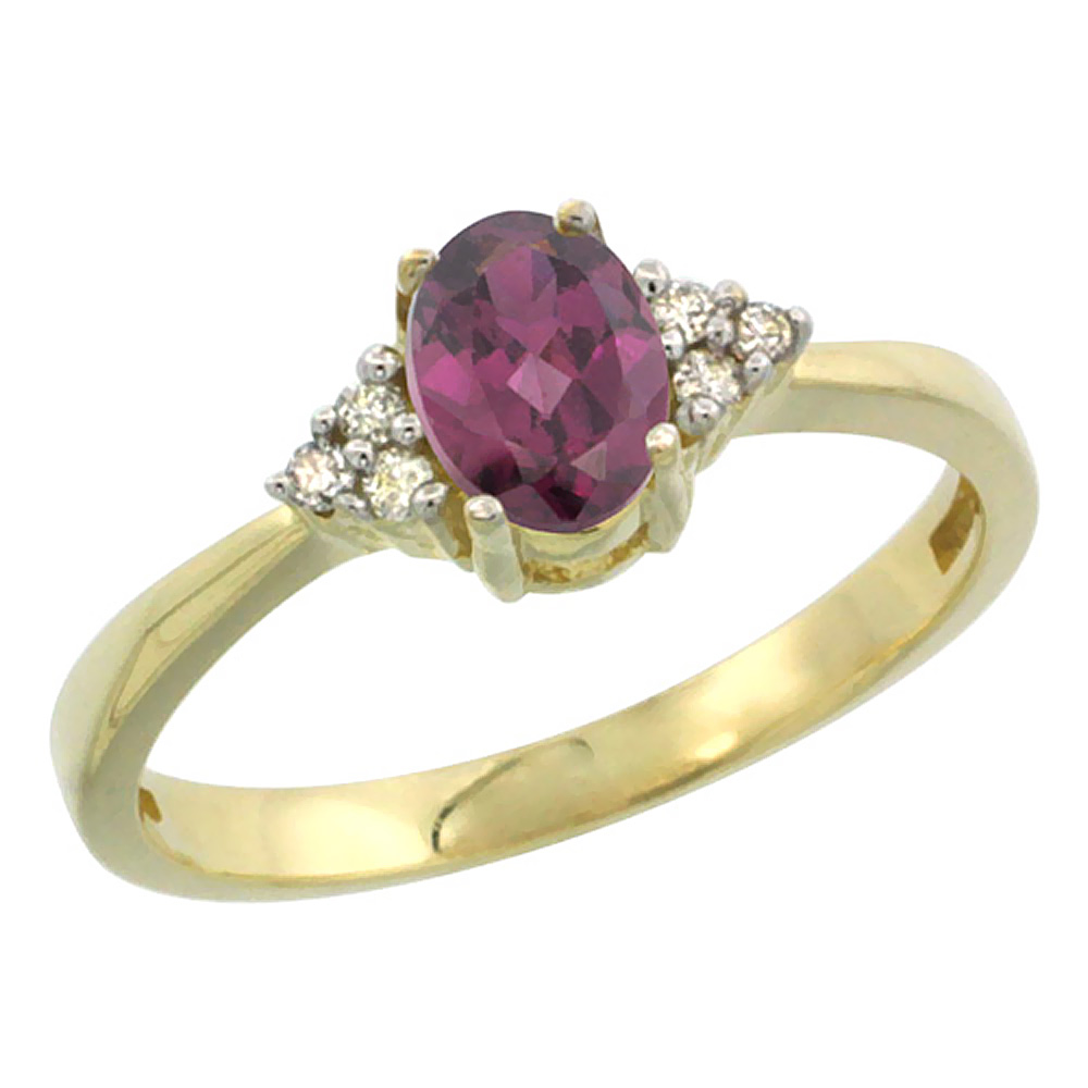 10KYellow Gold Natural Rhodolite Ring Oval 6x4mm Diamond Accent, sizes 5-10