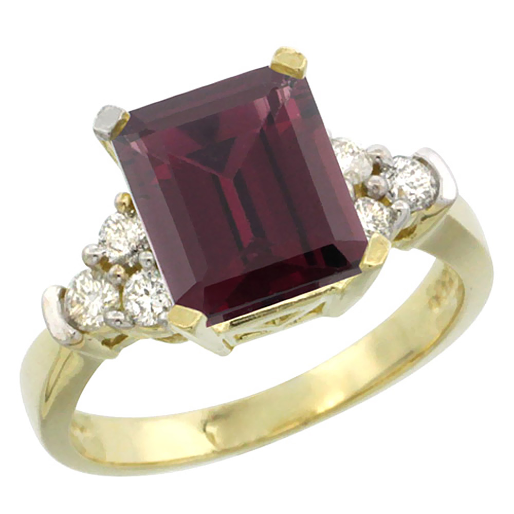 14K Yellow Gold Natural Rhodolite Ring Octagon 9x7mm Diamond Accent, sizes 5-10
