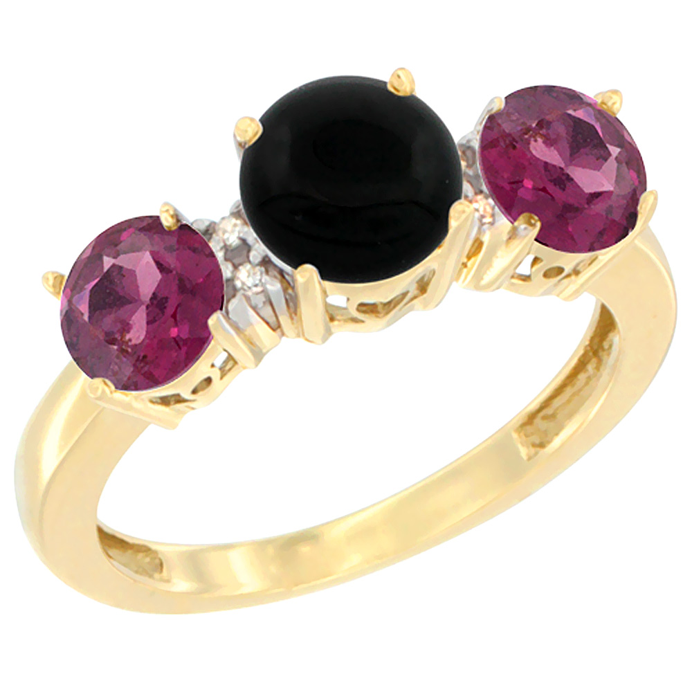 14K Yellow Gold Round 3-Stone Natural Black Onyx Ring & Rhodolite Sides Diamond Accent, sizes 5 - 10