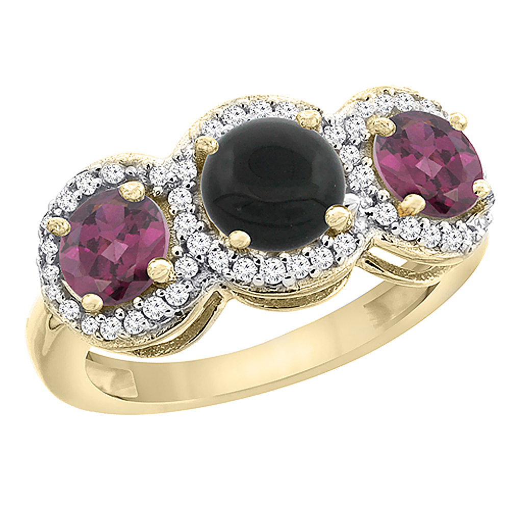 10K Yellow Gold Natural Black Onyx & Rhodolite Sides Round 3-stone Ring Diamond Accents, sizes 5 - 10