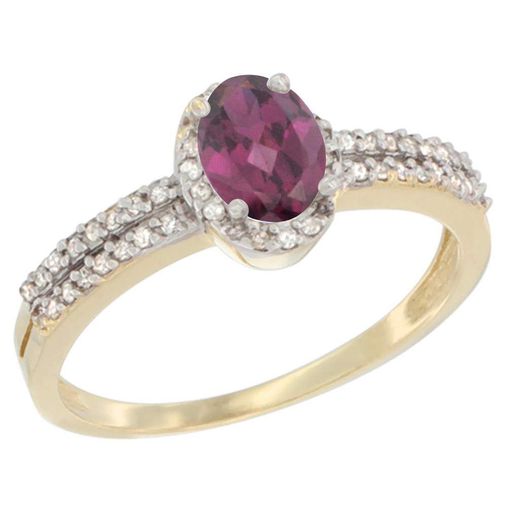 10K Yellow Gold Natural Rhodolite Ring Oval 6x4mm Diamond Accent, sizes 5-10