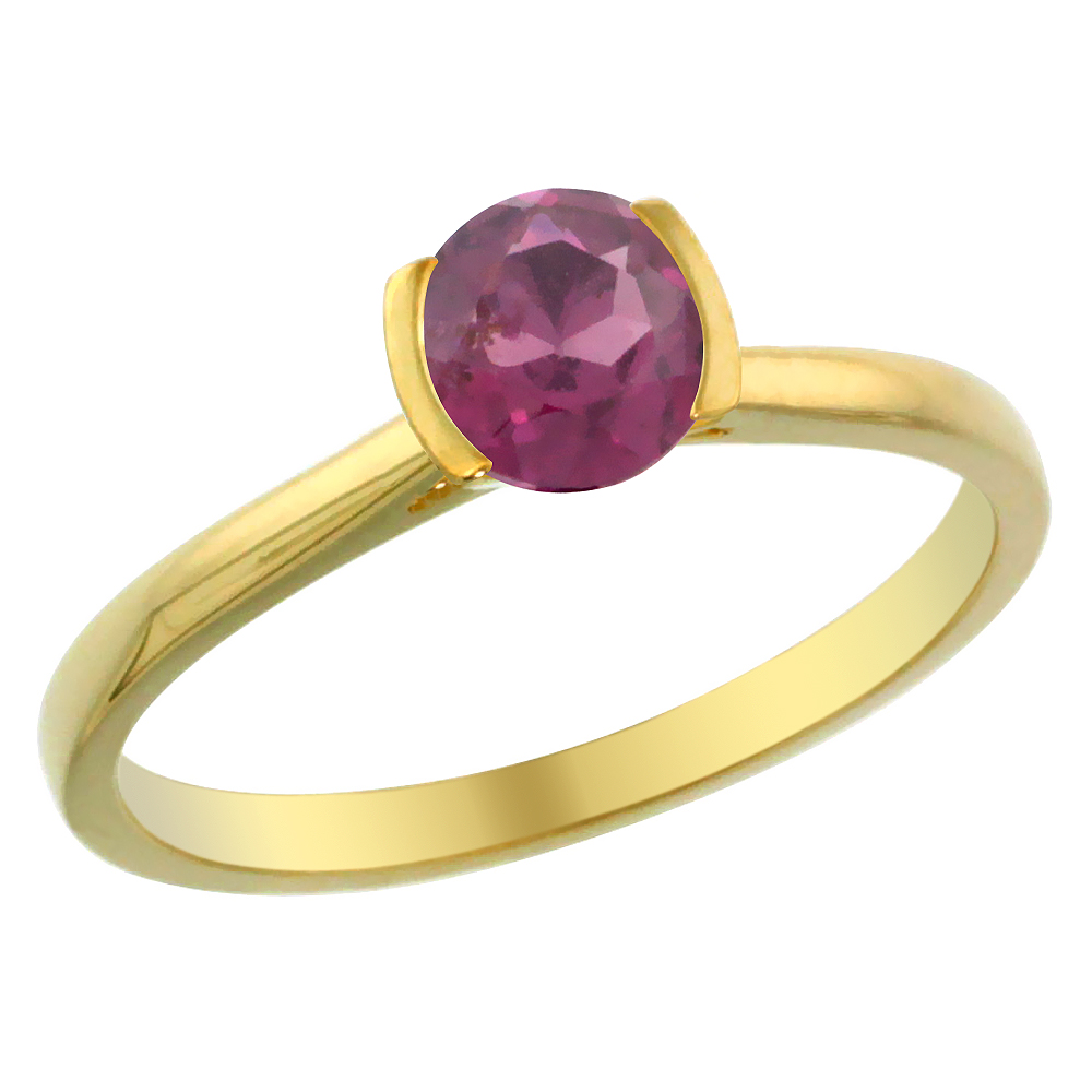 14K Yellow Gold Natural Rhodolite Solitaire Ring Round 5mm, sizes 5 - 10