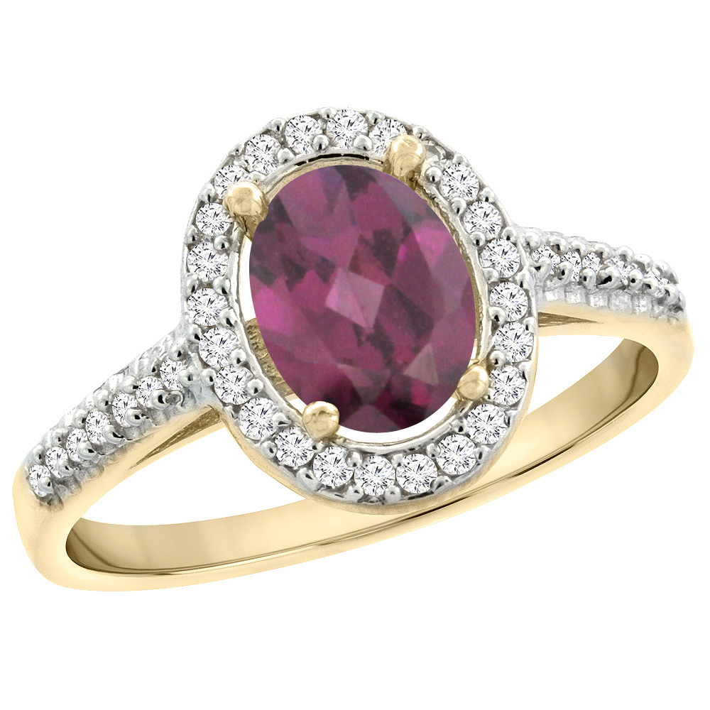 14K Yellow Gold Natural Rhodolite Engagement Ring Oval 7x5 mm Diamond Halo, sizes 5 - 10