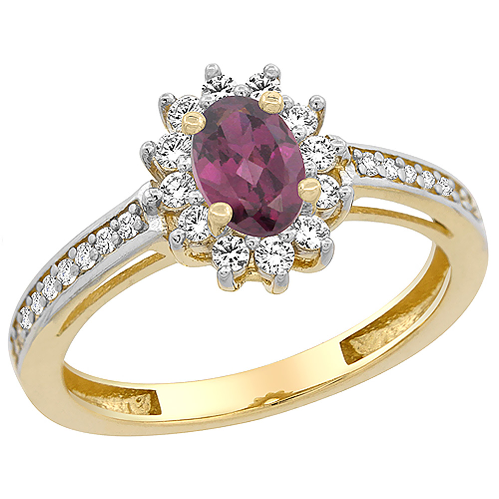 14K Yellow Gold Natural Rhodolite Flower Halo Ring Oval 6x4mm Diamond Accents, sizes 5 - 10