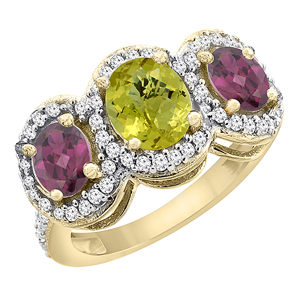 10K Yellow Gold Natural Lemon Quartz & Rhodolite 3-Stone Ring Oval Diamond Accent, sizes 5 - 10