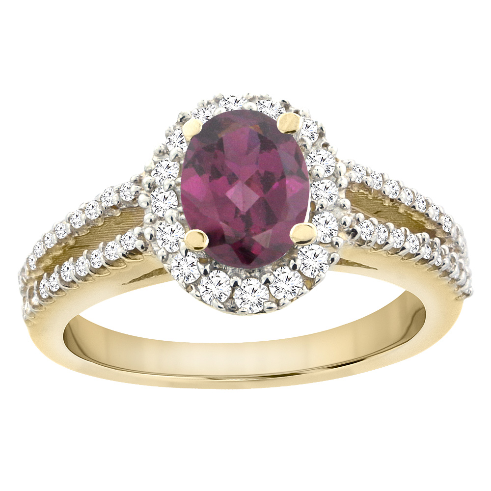 10K Yellow Gold Natural Rhodolite Split Shank Halo Engagement Ring Oval 7x5 mm, sizes 5 - 10