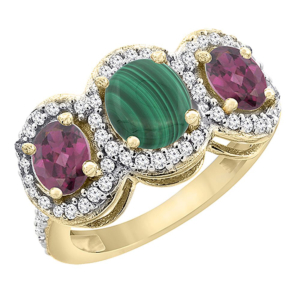 14K Yellow Gold Natural Malachite & Rhodolite 3-Stone Ring Oval Diamond Accent, sizes 5 - 10