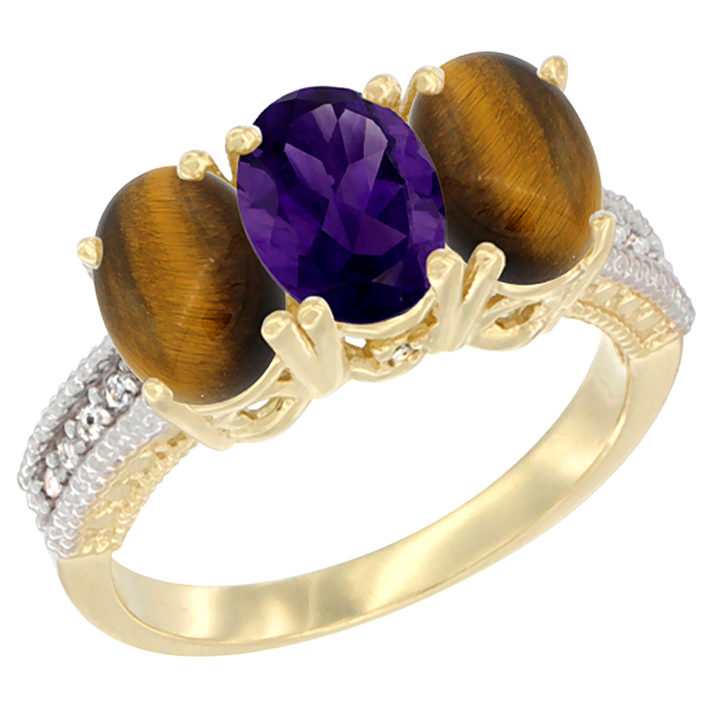 10K Yellow Gold Diamond Natural Amethyst & Tiger Eye Ring 3-Stone 7x5 mm Oval, sizes 5 - 10