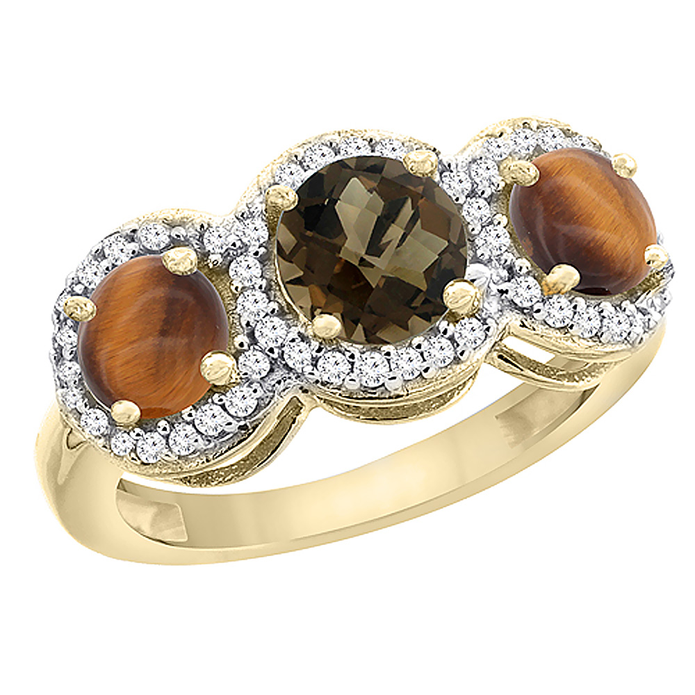 14K Yellow Gold Natural Smoky Topaz & Tiger Eye Sides Round 3-stone Ring Diamond Accents, sizes 5 - 10