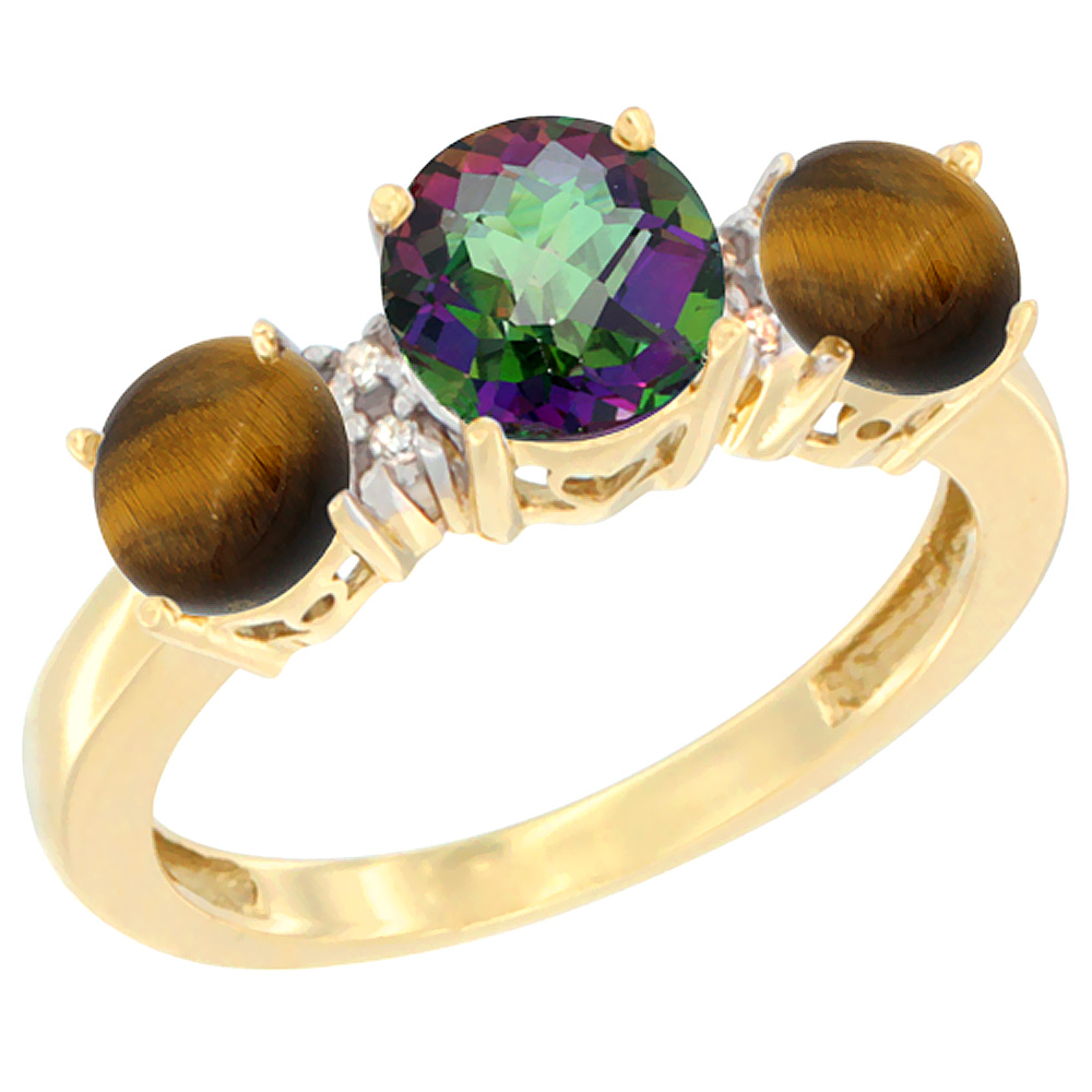 14K Yellow Gold Round 3-Stone Natural Mystic Topaz Ring &amp; Tiger Eye Sides Diamond Accent, sizes 5 - 10