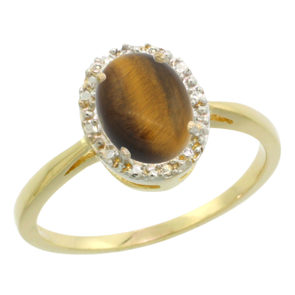 10K Yellow Gold Natural Tiger Eye Diamond Halo Ring Oval 8X6mm, sizes 5-10