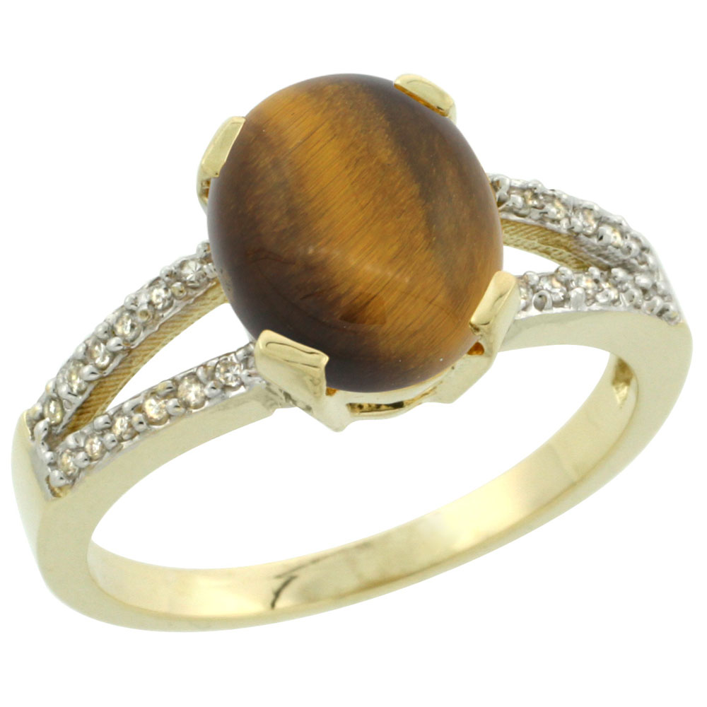 14K Yellow Gold Diamond Natural Tiger Eye Engagement Ring Oval 10x8mm, sizes 5-10