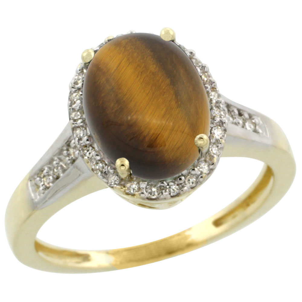 14K Yellow Gold Diamond Natural Tiger Eye Engagement Ring Oval 10x8mm, sizes 5-10