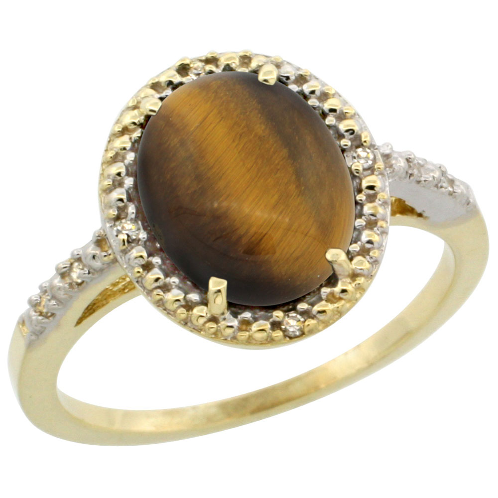 14K Yellow Gold Diamond Natural Tiger Eye Engagement Ring Oval 10x8mm, sizes 5-10