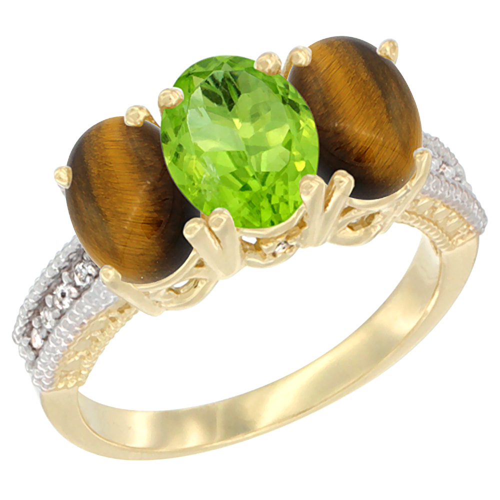 10K Yellow Gold Diamond Natural Peridot & Tiger Eye Ring 3-Stone 7x5 mm Oval, sizes 5 - 10