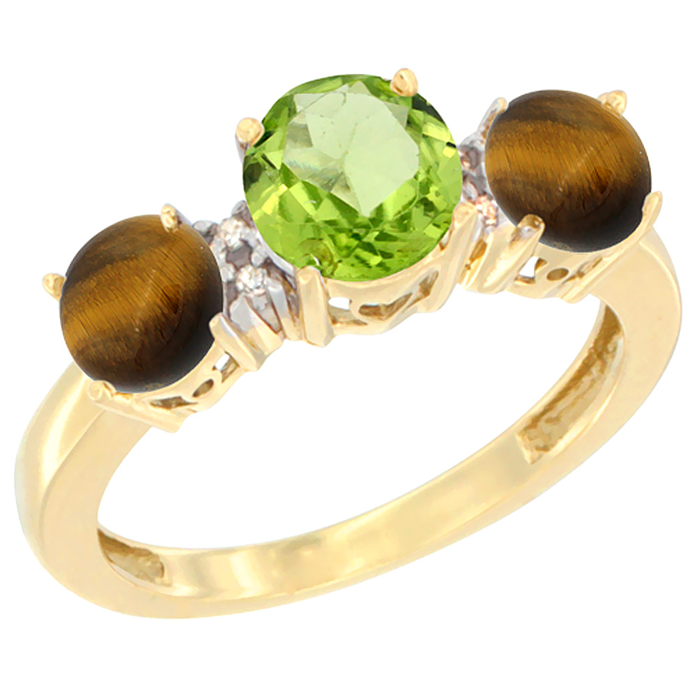 10K Yellow Gold Round 3-Stone Natural Peridot Ring & Tiger Eye Sides Diamond Accent, sizes 5 - 10