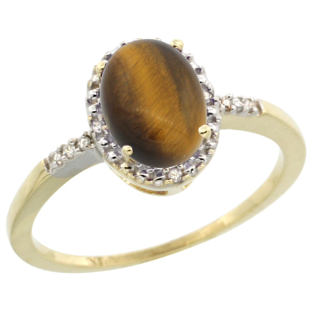 14K Yellow Gold Diamond Natural Tiger Eye Ring Oval 8x6mm, sizes 5-10