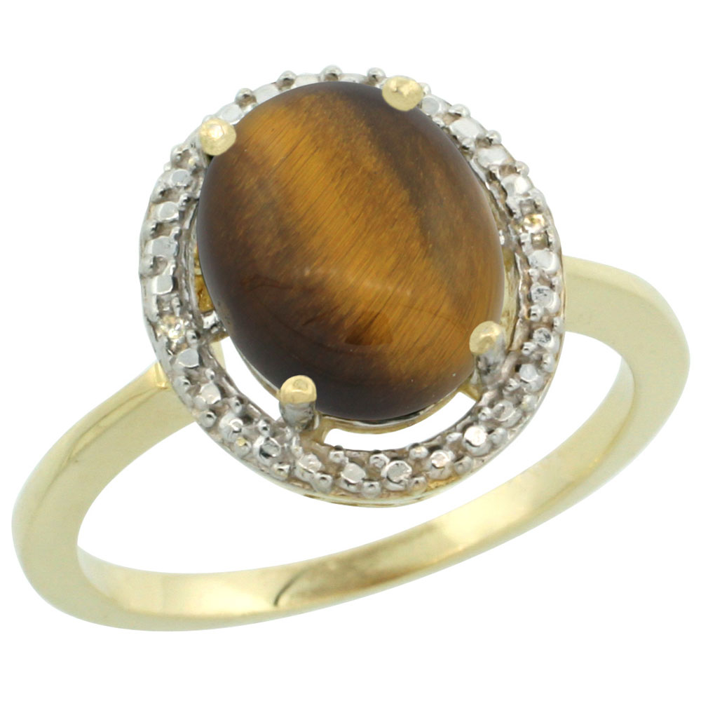 14K Yellow Gold Diamond Natural Tiger Eye Engagement Ring Oval 10x8mm, sizes 5-10