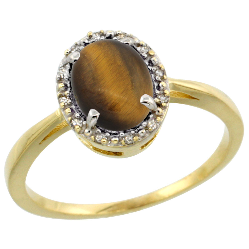 10k Yellow Gold Natural Tiger Eye Ring Oval 8x6 mm Diamond Halo, sizes 5-10