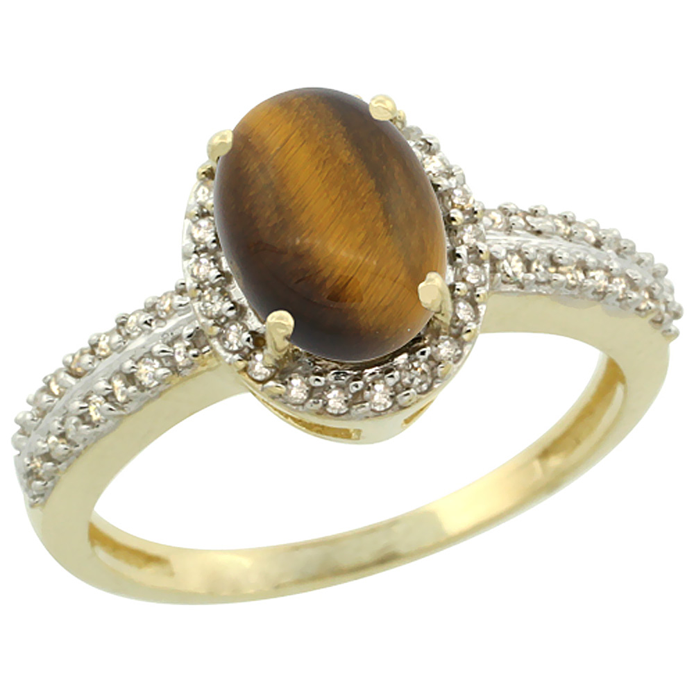 10k Yellow Gold Natural Tiger Eye Ring Oval 8x6mm Diamond Halo, sizes 5-10