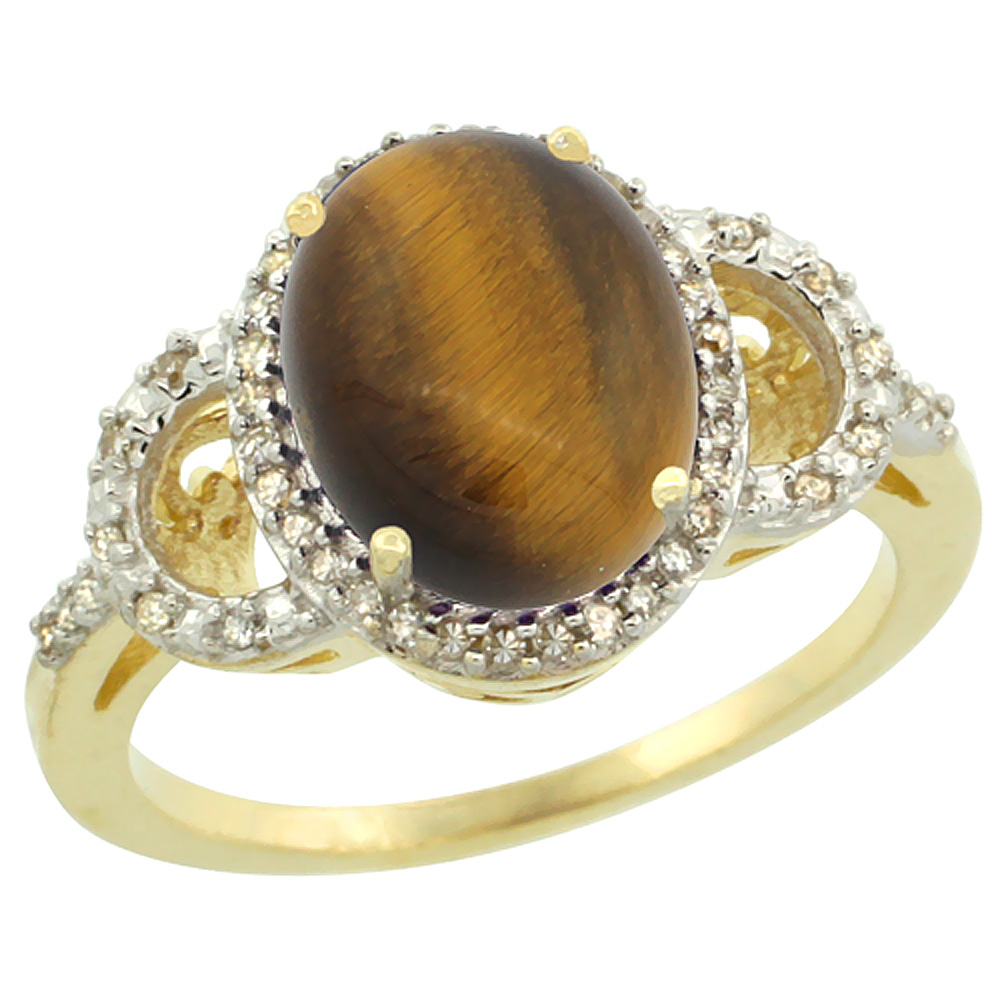 14K Yellow Gold Diamond Natural Tiger Eye Engagement Ring Oval 10x8mm, sizes 5-10