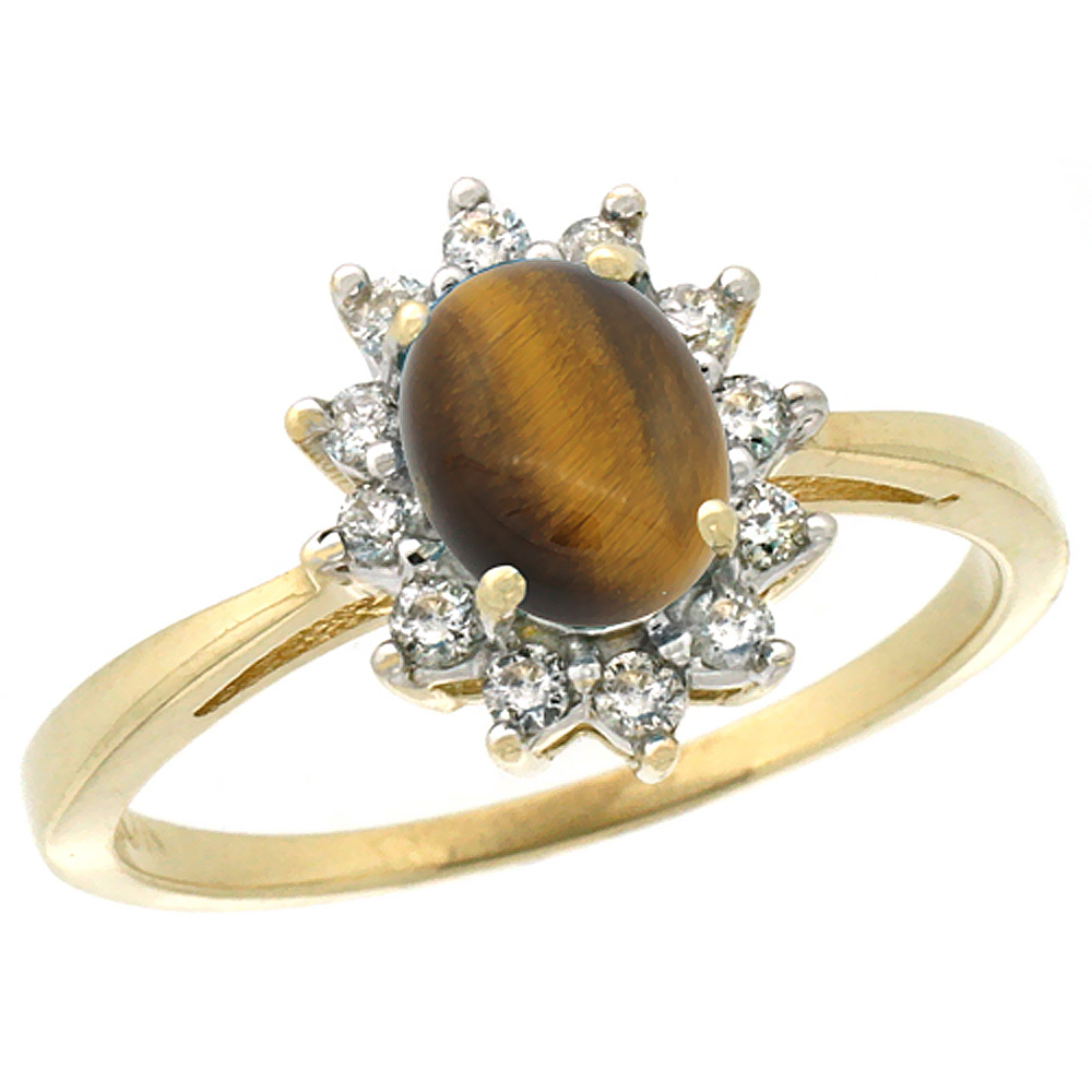 10k Yellow Gold Natural Tiger Eye Engagement Ring Oval 7x5mm Diamond Halo, sizes 5-10