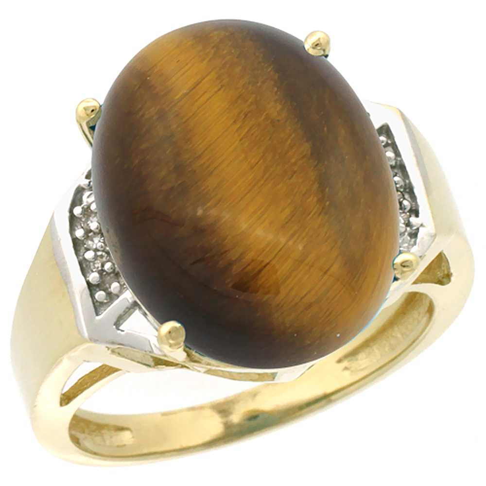 10K Yellow Gold Diamond Natural Tiger Eye Ring Oval 16x12mm, sizes 5-10