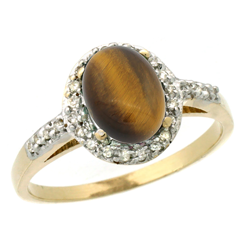 14K Yellow Gold Diamond Natural Tiger Eye Ring Oval 8x6mm, sizes 5-10