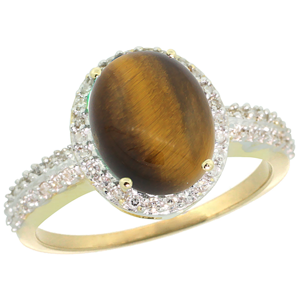 14K Yellow Gold Diamond Natural Tiger Eye Engagement Ring Oval 10x8mm, sizes 5-10