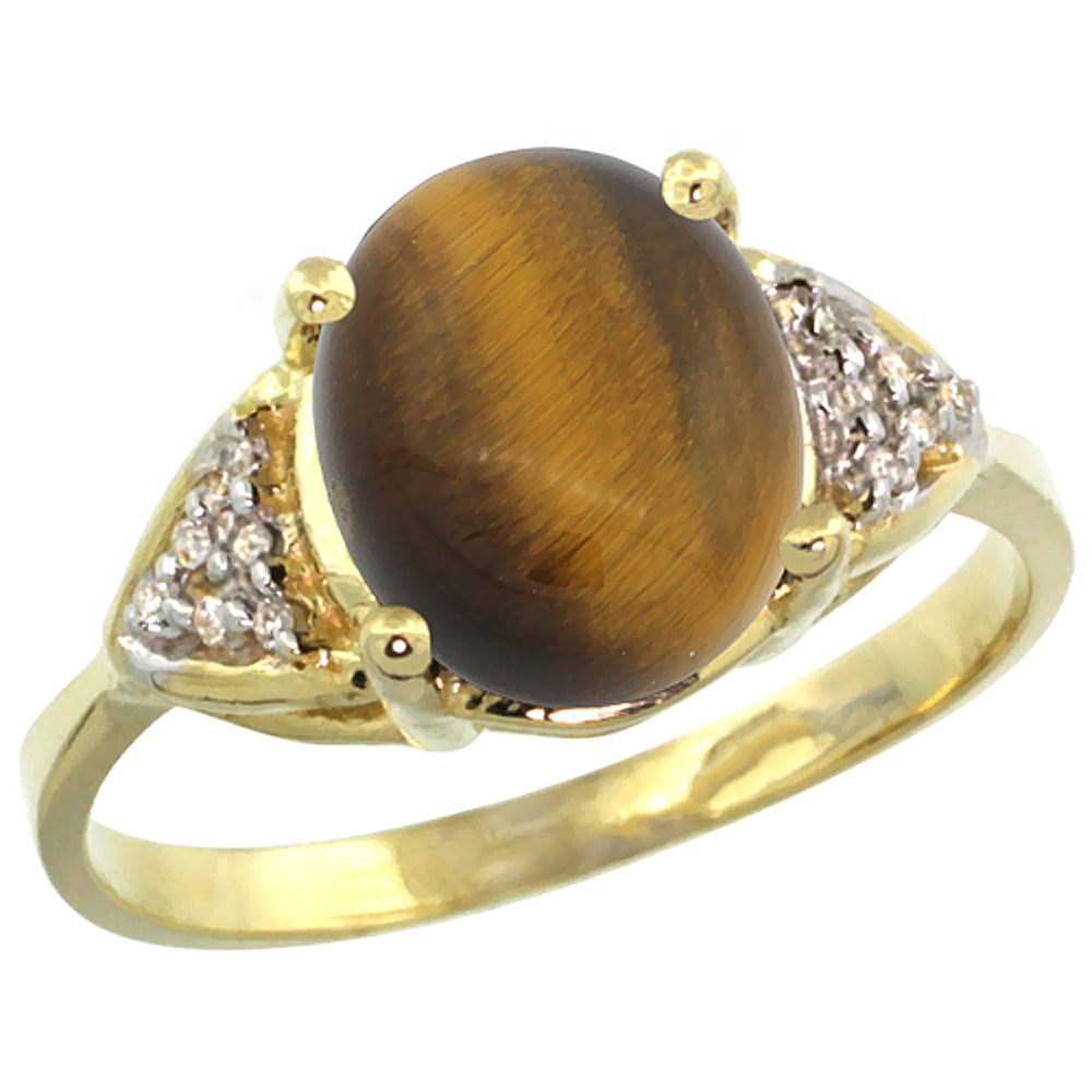 10K Yellow Gold Diamond Natural Tiger Eye Engagement Ring Oval 10x8mm, sizes 5-10