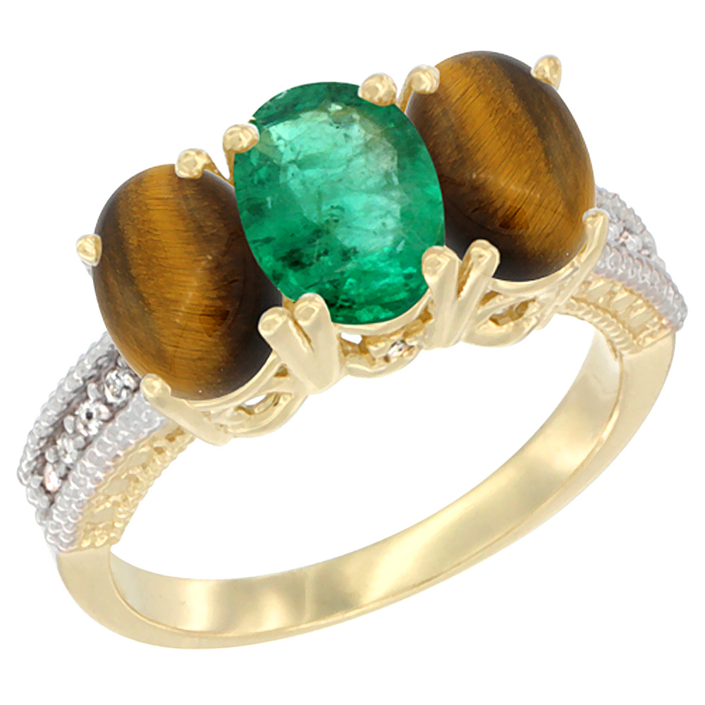 14K Yellow Gold Natural Emerald & Tiger Eye Sides Ring 3-Stone 7x5 mm Oval Diamond Accent, sizes 5 - 10