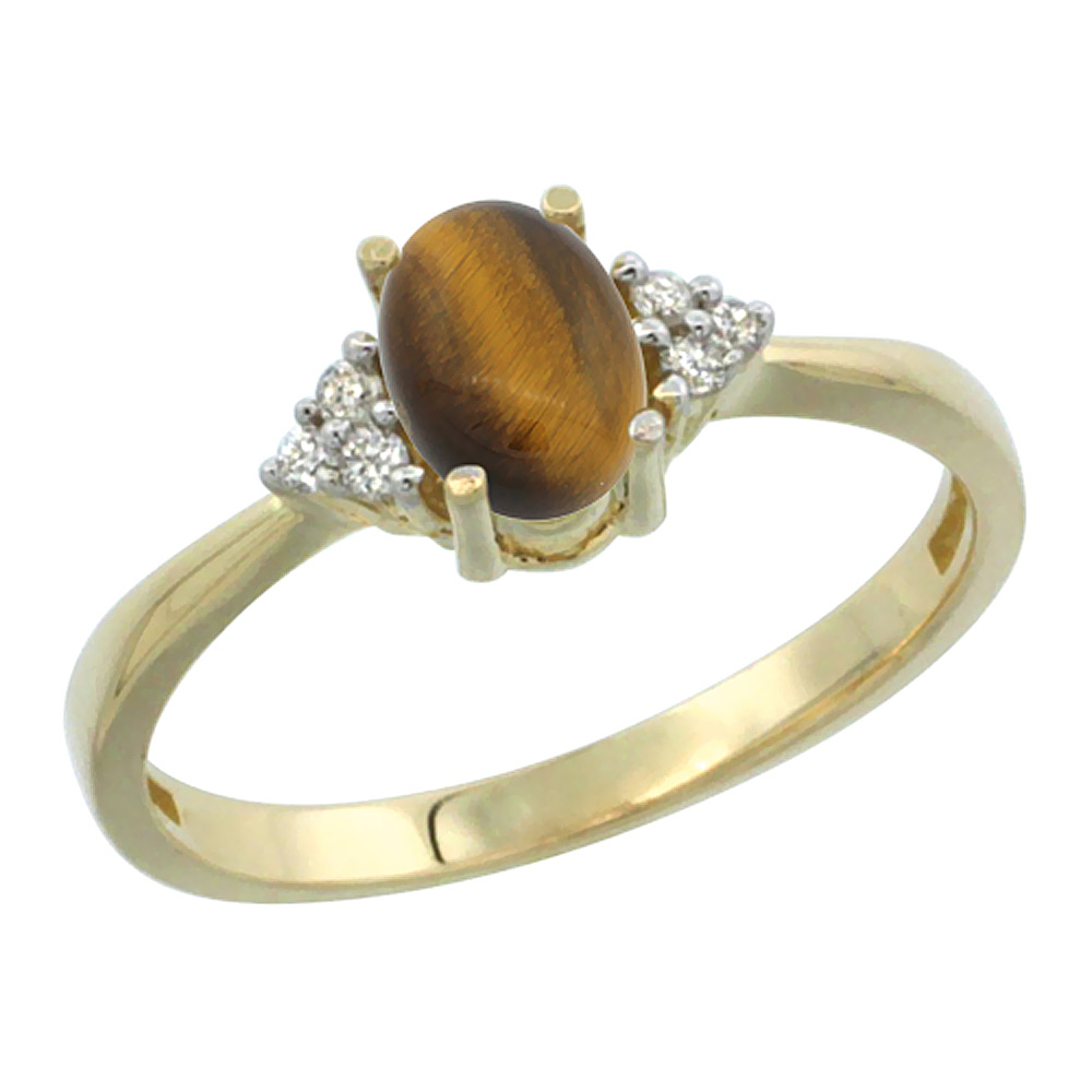 14K Yellow Gold Diamond Natural Tiger Eye Engagement Ring Oval 7x5mm, sizes 5-10