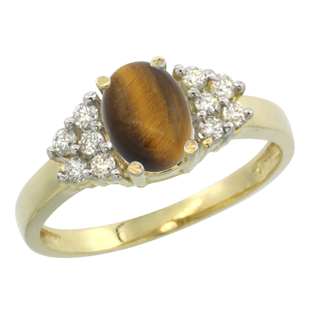 10K Yellow Gold Natural Tiger Eye Ring Oval 8x6mm Diamond Accent, sizes 5-10