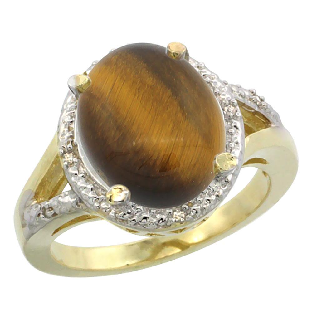 10K Yellow Gold Natural Tiger Eye Ring Oval 12x10mm Diamond Accent, sizes 5-10
