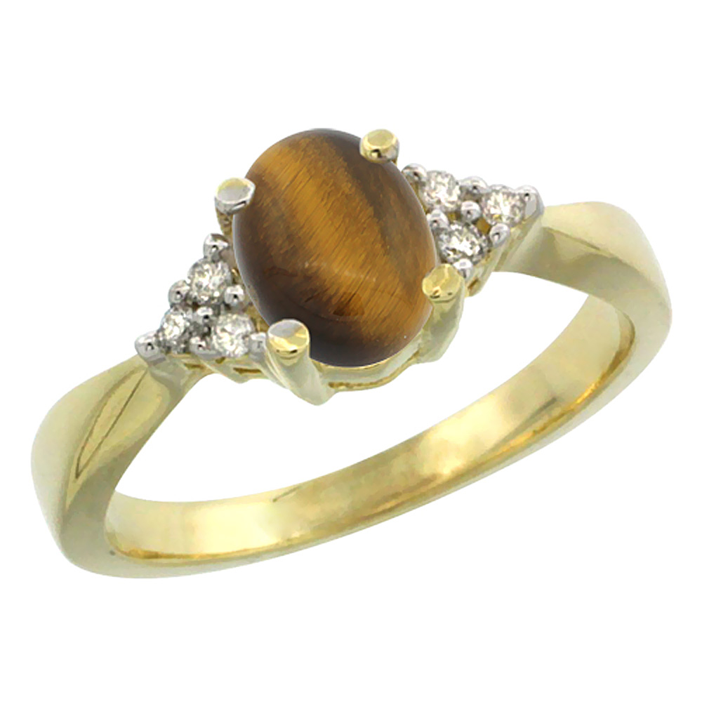 14K Yellow Gold Diamond Natural Tiger Eye Engagement Ring Oval 7x5mm, sizes 5-10