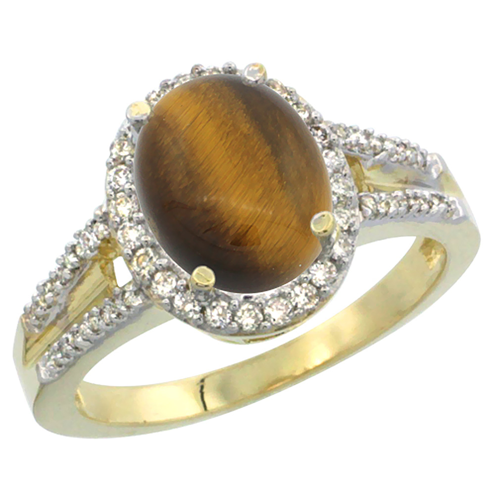 14K Yellow Gold Diamond Natural Tiger Eye Engagement Ring Oval 10x8mm, sizes 5-10