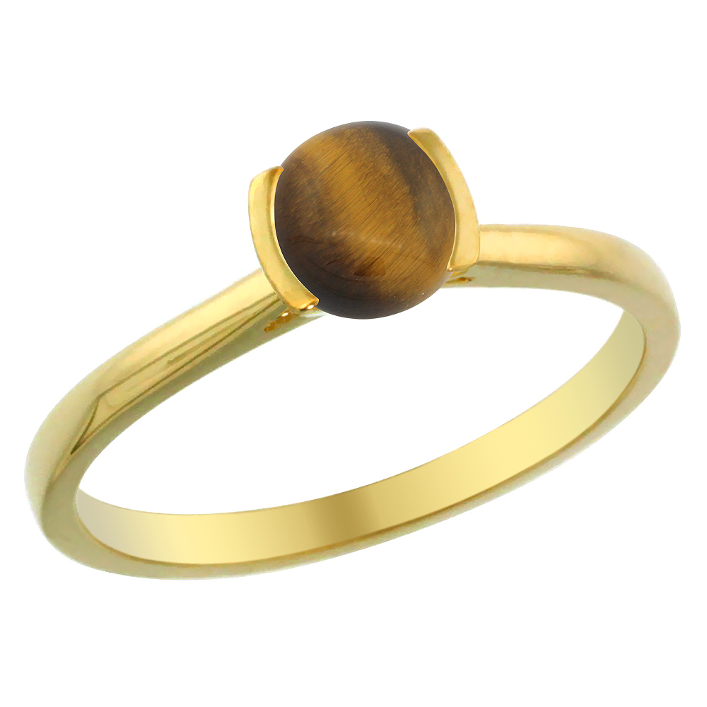 14K Yellow Gold Natural Tiger Eye Solitaire Ring Round 5mm, sizes 5 - 10