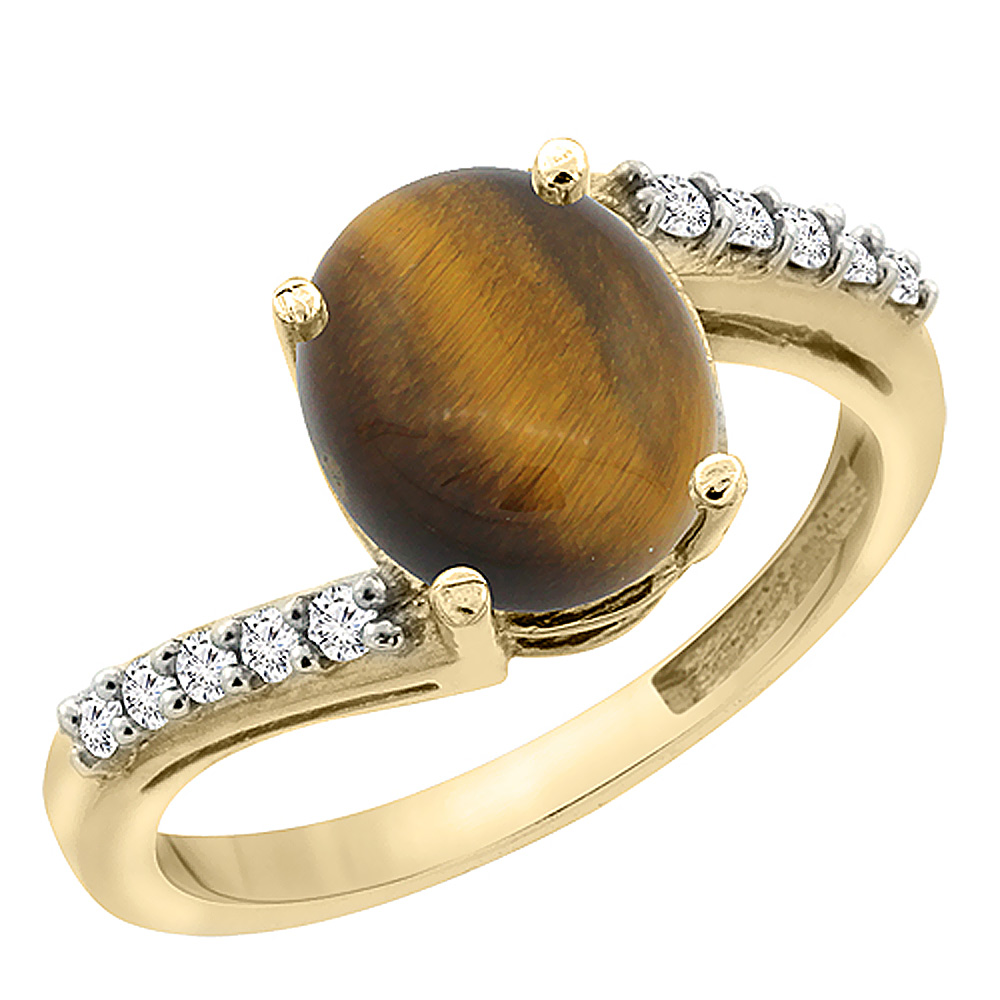 14K Yellow Gold Diamond Natural Tiger Eye Engagement Ring Oval 10x8mm, sizes 5-10