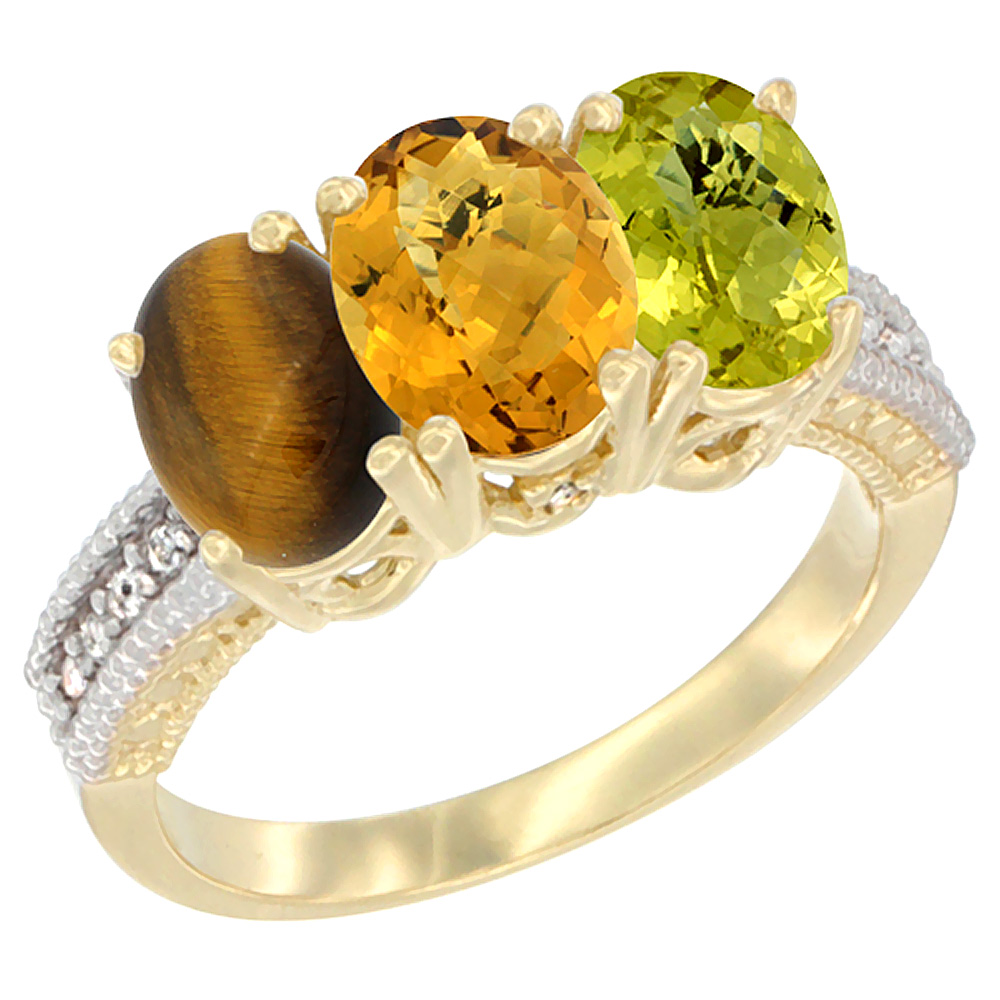 14K Yellow Gold Natural Tiger Eye, Whisky Quartz & Lemon Quartz Ring 3-Stone 7x5 mm Oval Diamond Accent, sizes 5 - 10