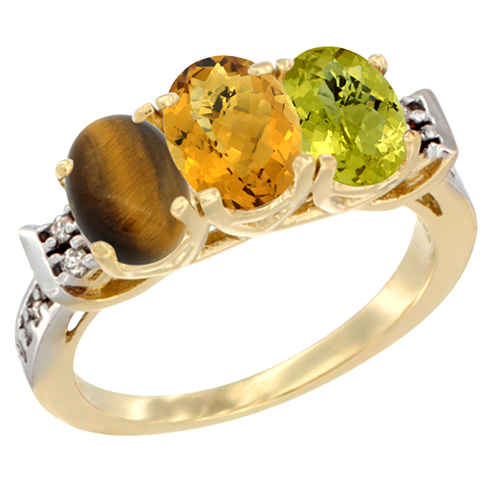 14K Yellow Gold Natural Tiger Eye, Whisky Quartz & Lemon Quartz Ring 3-Stone Oval 7x5 mm Diamond Accent, sizes 5 - 10